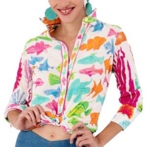 Gretchen Scott What A Catch XL Cotton Boyfriend Shirt Button Up SeaLife Colorful